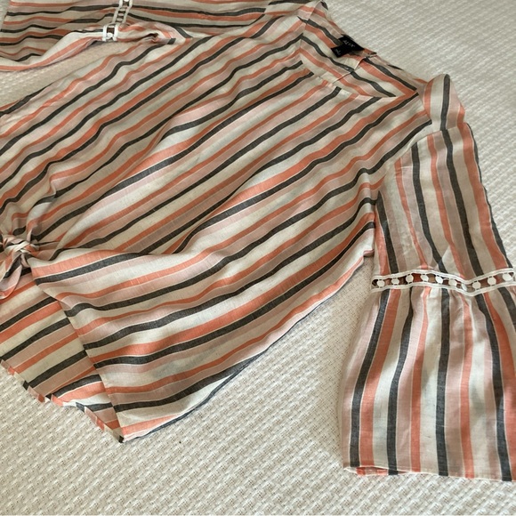Alyx Front Tie Bell Sleeve Peasant Boho Top L Coral Gray Striped Pullover Shirt - Picture 7 of 11